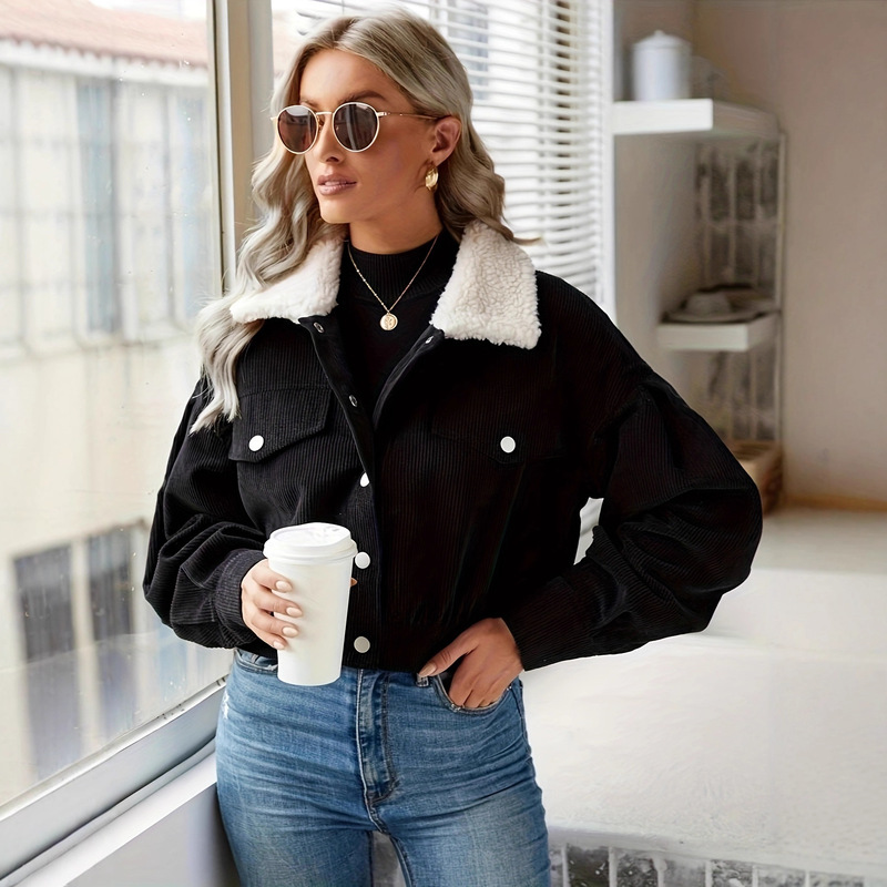 European and American Style Women's Spring Corduroy Casual Jacket with Fur Collar, Long-Sleeved Short Fleece Warm Top