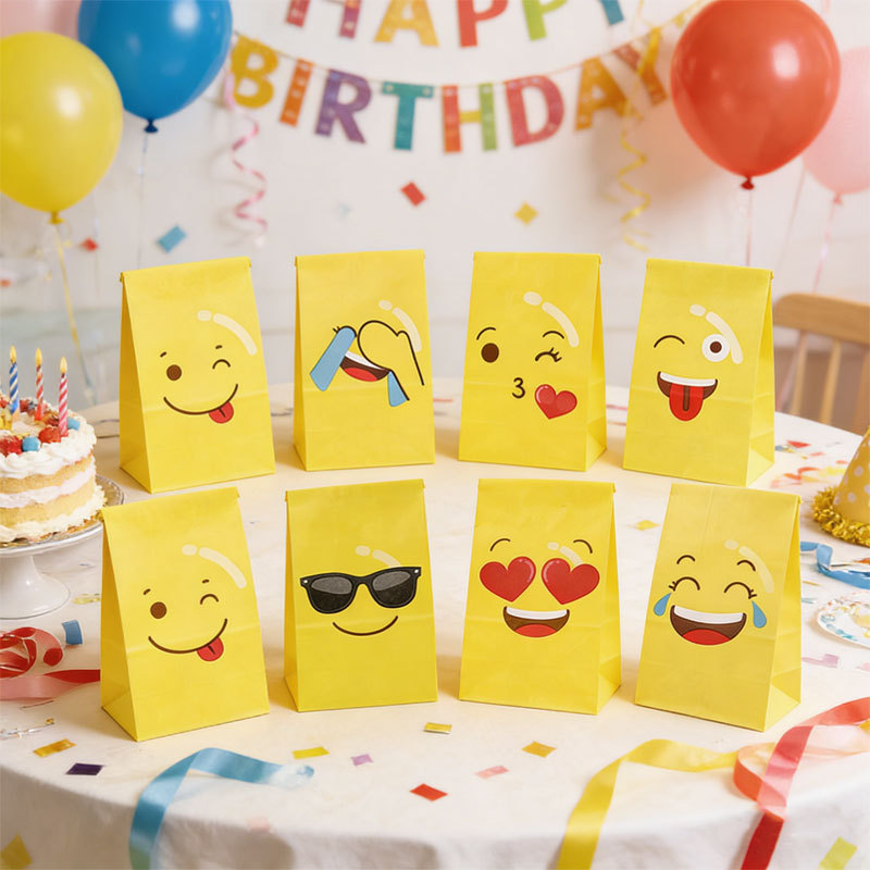 Bolsa de papel con emoticonos de dibujos animados amarillos, recuerdo de fiesta de cumpleaños, bolsa de comida creativa desechable para empaquetar alimentos