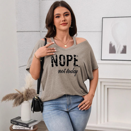 Spring Casual Women's Clothing Amazon AliExpress Plus Size Short Sleeve Shoulder-Strap Top for Plus Size Women