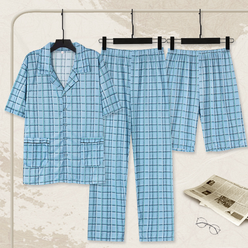Pijamas 100% algodón de los hombres de verano Pantalones cortos de manga corta de los hombres delgados verano más tamaño homewear traje de tres piezas