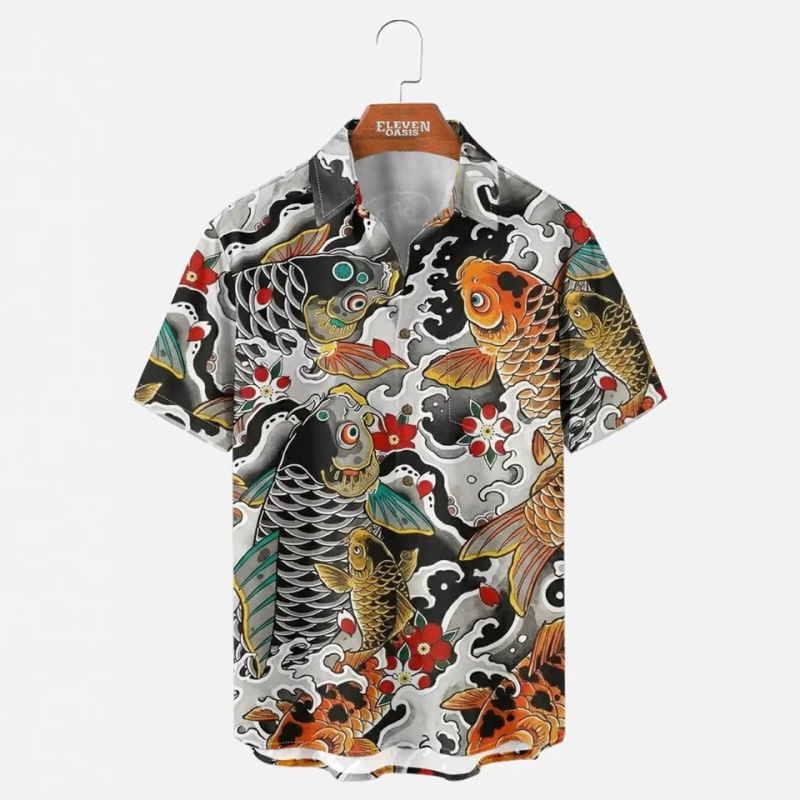 Cross-Border Independent Site Amazon Specializes in Men's Short-Sleeved Shirts with Japanese Style Ukiyo-E 3D Printing and Casual Turn-Down Collars Cross-Border Independent Site Amazon Specializes in Men's Short-Sleeved Shirts with Japanese Style Ukiyo-E 3D Printing and Casual Turn-Down Collars