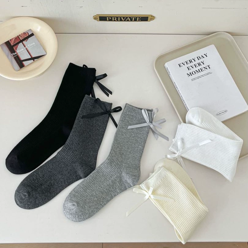 Thin Japanese black summer white knee socks with bow, mid-length