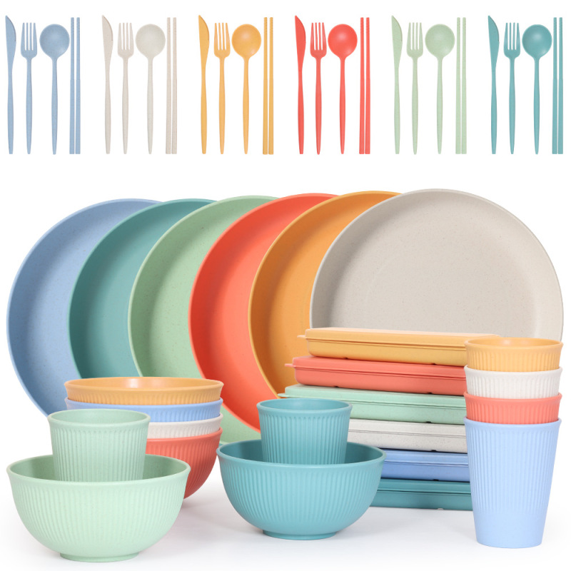 Amazonの人気の小麦わらボウル、カップ、プレート、食器の3点セット、家庭用丼、皿、ドリンクカップ、食器セット|undefined