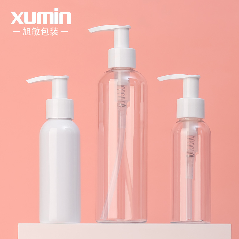 Xumin 100mL botella secundaria de hombro redondo transparente 250ml bomba de presión blanca botella de prensa botella de loción blanca para mascotas de plástico