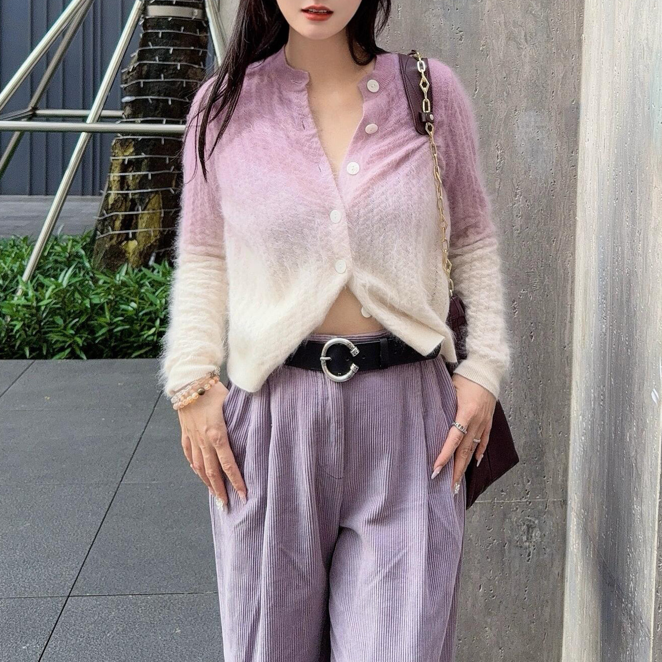 Bs26 New Autumn Purple Whisper Gradient Wool Knit Cardigan with Round Neck and Long Soft Hair Texture 1H25Bani