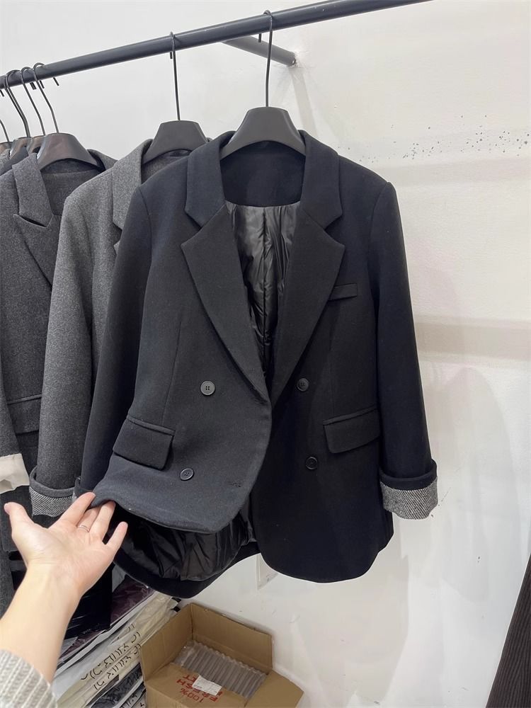2025 New Korean Style Inner Cotton-Padded Blazer Down Jacket For Women Winter Small Size Rolled Sleeve Elegant Wool Coat_ecoleips.com