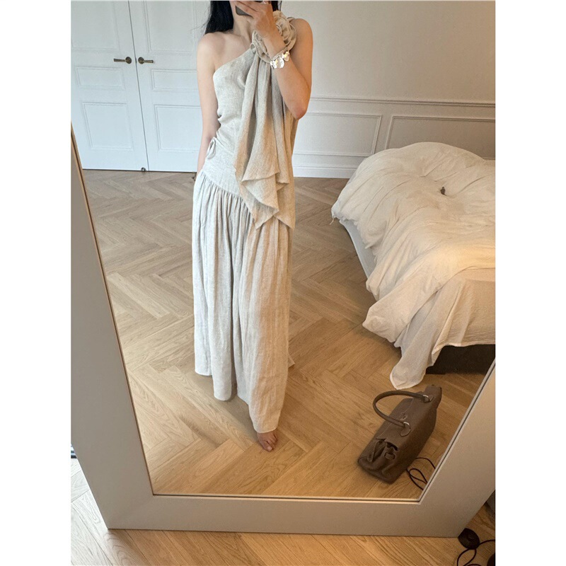 正しいバージョン！女性用フレンチ立体フラワーリボン斜めショルダーベスト+無地万能ウエストロングスカート2点セット|undefined
