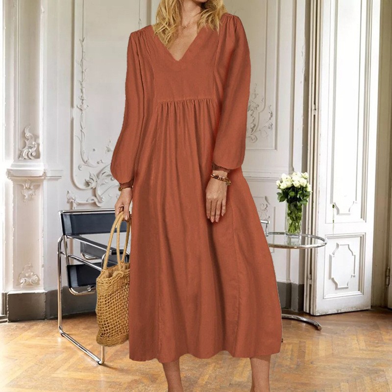 Women's Casual Cotton Linen Dress Loose Oversized Lantern Sleeves Vintage European American Daily Wear_ecoleips.com