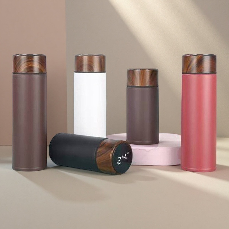 创意304不锈钢真空智能测温显温保温杯时尚木纹办公杯小巧口袋杯