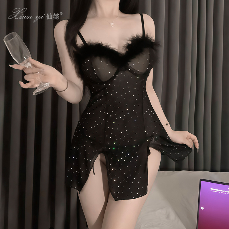 Xianyi 섹시한 속옷 섹시한 시스루 잠옷 깃털 스팽글 서스펜더 스커트 작은 가슴 유니폼 유혹 금욕 시스템 701