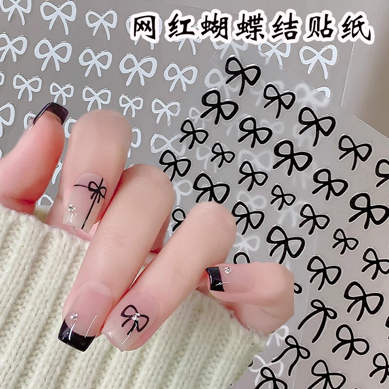 Hollow bow golden silver nail stickers ins graffiti cat puppy cartoon with adhesive nail decals