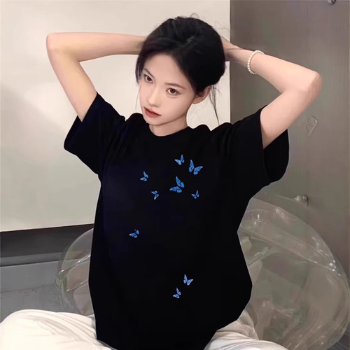 2025 Summer New Japanese Style Butterfly Print Women's Short-Sleeve T-Shirt Bestselling Casual Round Neck Loose Long-Sleeve Ins