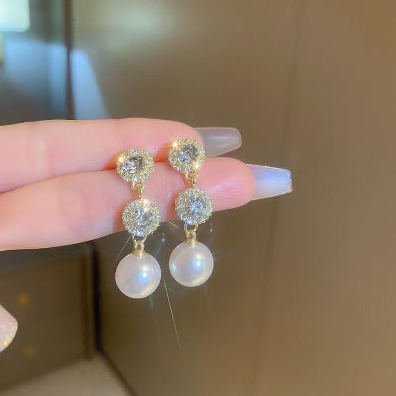 Exquisite Double-Layered Sparkling Diamond Pearl Dangle Earrings, Light Luxury Long Earrings, Gentle and Suitable for Commuting, Make the Face Look Smaller, Wholesale Earrings