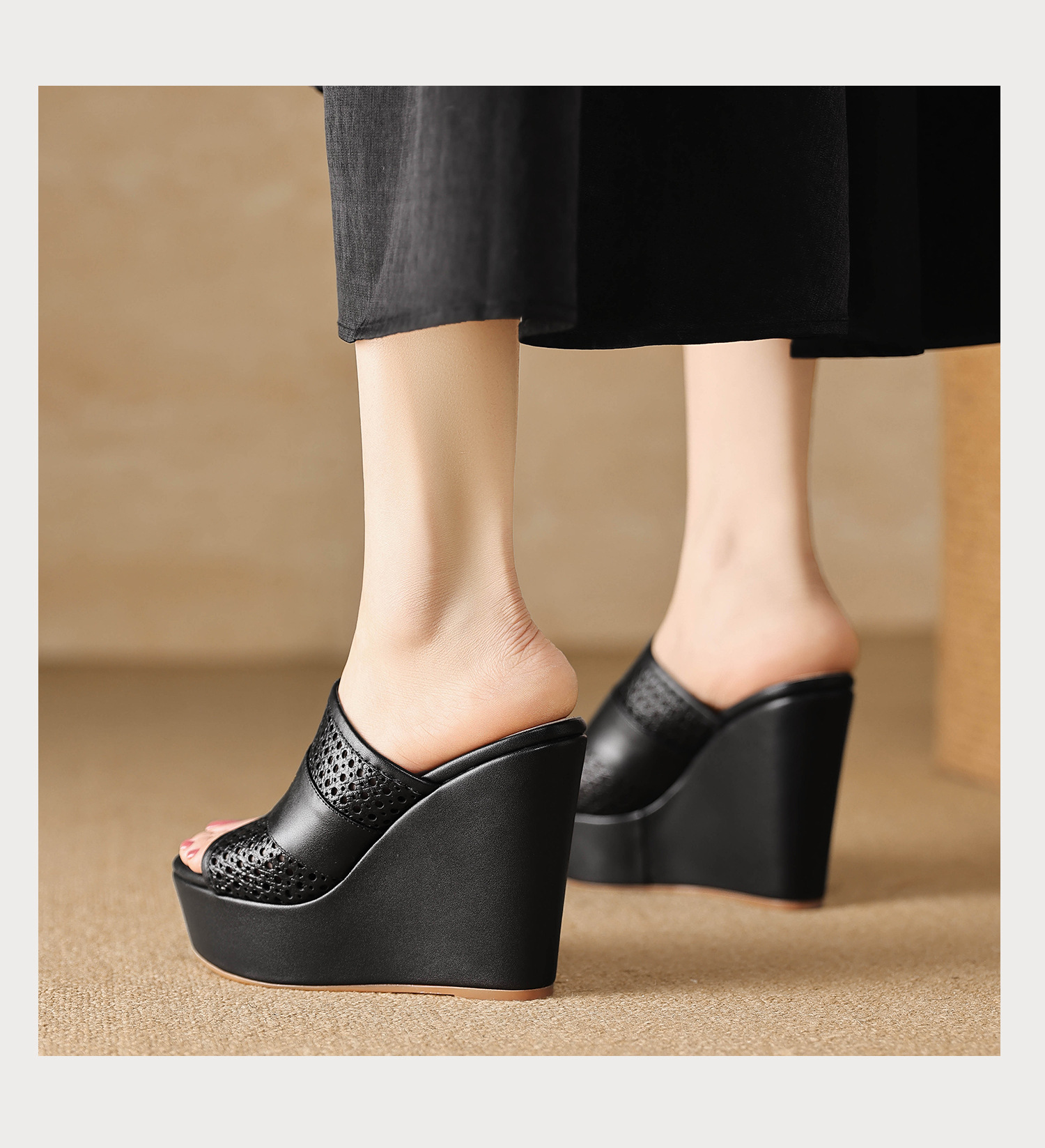 Sandal cao gót nữ hở mũi quai ngang đế xuồng da bò — màu đen, màu trắng ngà chi tiết 15