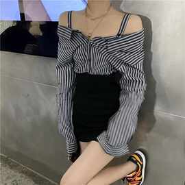 条纹长袖衬衣拼接一字肩连衣裙女秋季2025年新款包臀裙子假两件潮