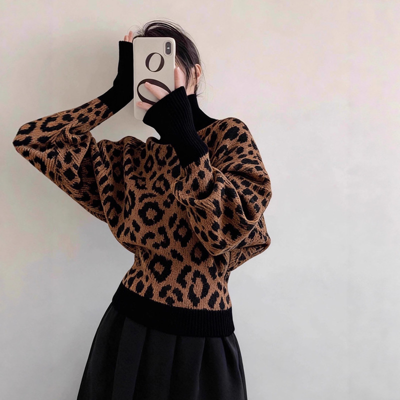 American Retro Brown Leopard Print Contrasting Color Turtleneck Knitwear Autumn and Winter Loose Lazy High-End Pullover Knitwear Top