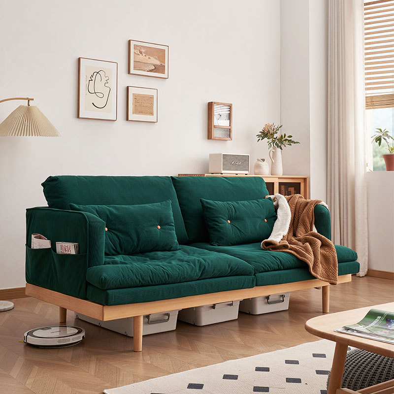 Solid Wood Cloud White Ash Sofa in Japanese Wabi-Sabi Style, Creamy Natural Wood Look with Velvet Upholstery&mdash;Perfect Nordic Furniture for Your Living Room