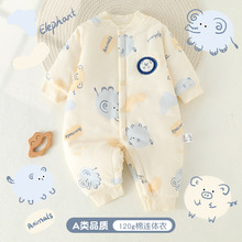 婴儿衣服秋冬季全棉加厚新生儿连体衣120g夹棉无骨宝宝哈衣和尚服