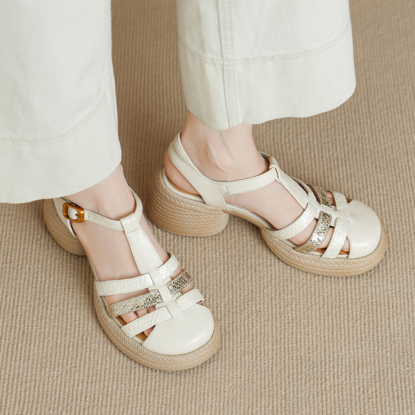 Sandal nữ quai chữ T đan dây đế dày gót thô 6.5cm phong cách La Mã — Màu xanh da trời
