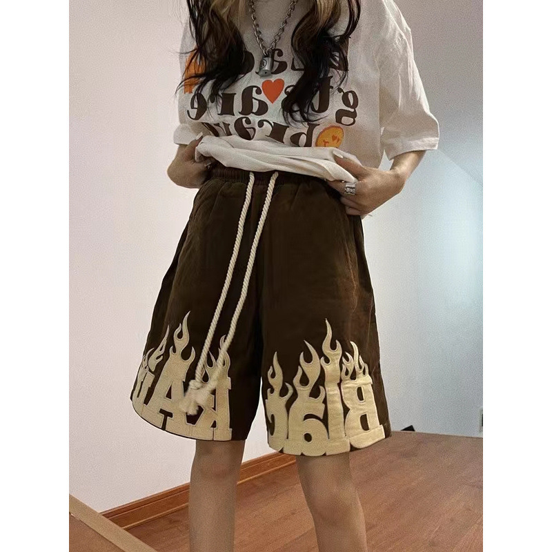 American Retro Hip-Hop High Street Flame Letter Wide-Leg Five-Point Pants for Women Summer Loose High-Waist Slim Sports Shorts