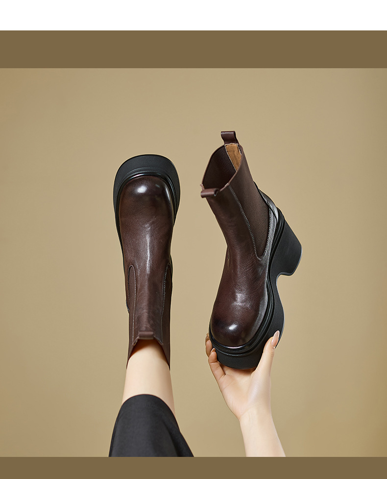 Boot Chelsea nữ da bò mũi tròn đế nêm siêu cao gót cổ ngắn mùa thu đông — Lớp lót nhung đen, đen, Lớp lót nhung màu nâu, nâu chi tiết 7