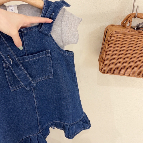 Flathead Brother 22 Girls Summer New Denim Suspender Skirt High Quality Super Soft Denim Skirt Solid Color Western Style Cute Skirt