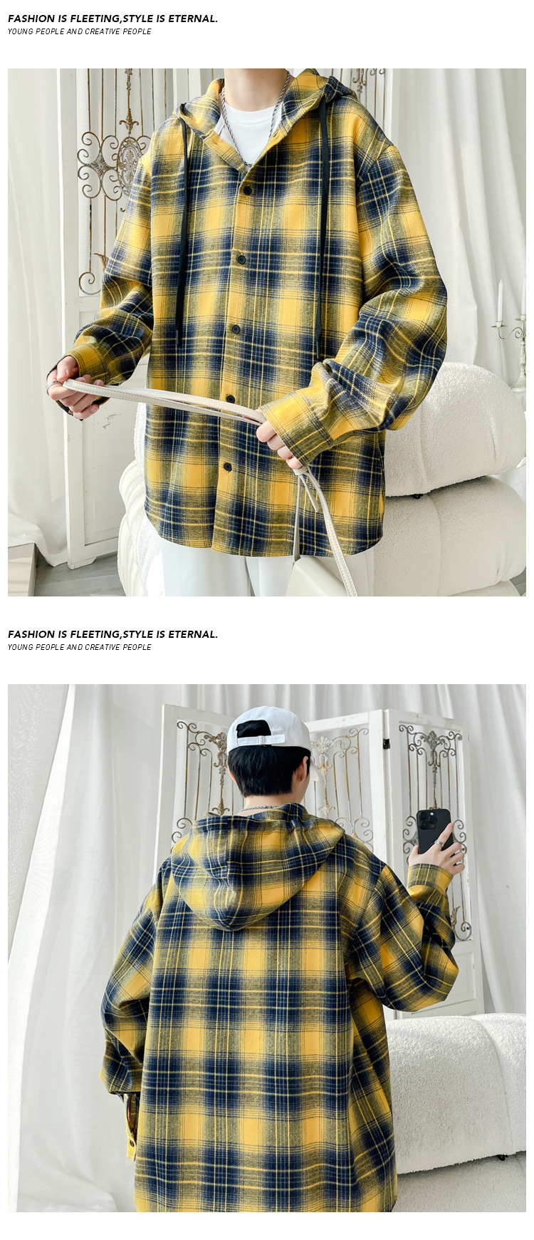 Plaid Hooded Shirt Jacket For Men American Retro Style Oversized_voghion.com