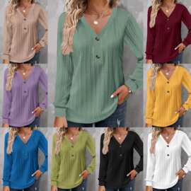 2025欧美跨境秋冬新款女装纽扣长袖纯色V领纽扣休闲时尚T恤上衣女