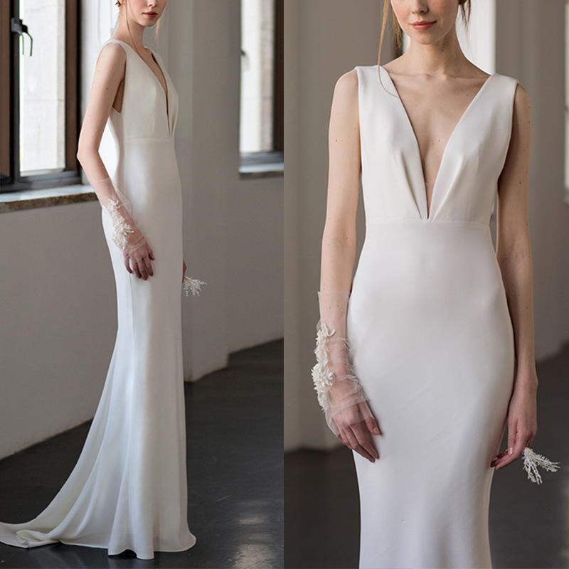 Cross-Border Wholesale French Tail Light Wedding Dress Simple Elegant Slim Fishtail Skirt V Neck Engagement White Evening Dress Skirt