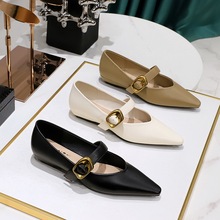 3683-1复古时尚低跟女鞋坡跟浅口小尖头一字带金属扣舒适百搭单鞋