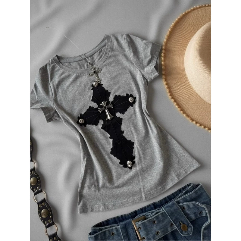 Американская винтажная серая футболка с принтом креста женская летняя стройная тонкая сладкая классная дикая рубашка с короткими рукавами ins прилив