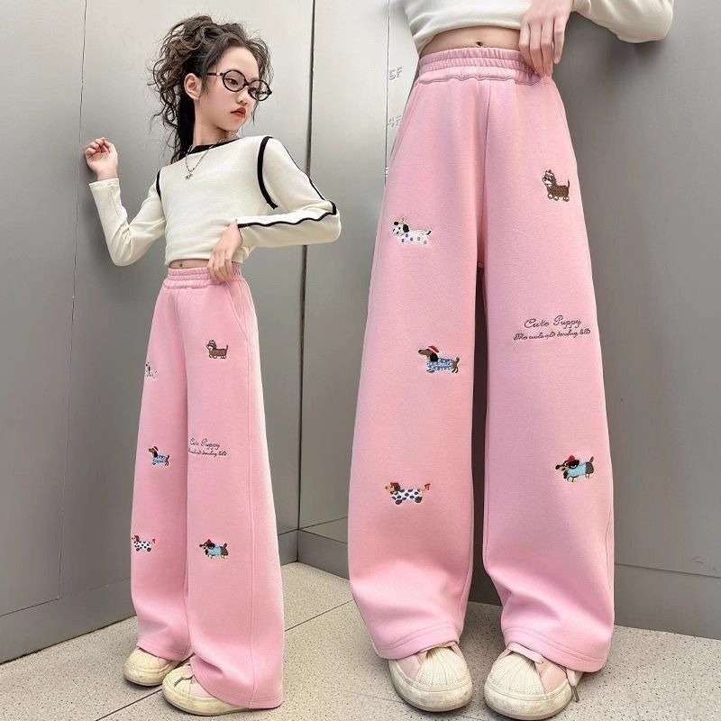 女童休闲裤子春秋季2025新款刺绣卫裤洋气时髦两穿女大童阔腿长裤|undefined