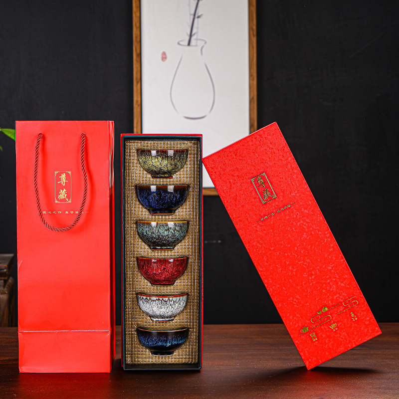 가마에서 만든 6색 작은 찻그릇 6개 선물상자(선물상자 포함)