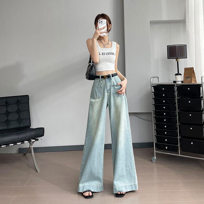Hong Kong style retro straight jeans for women in summer thin 2024 new high waist slimming draped wide-leg floor-slimming pants