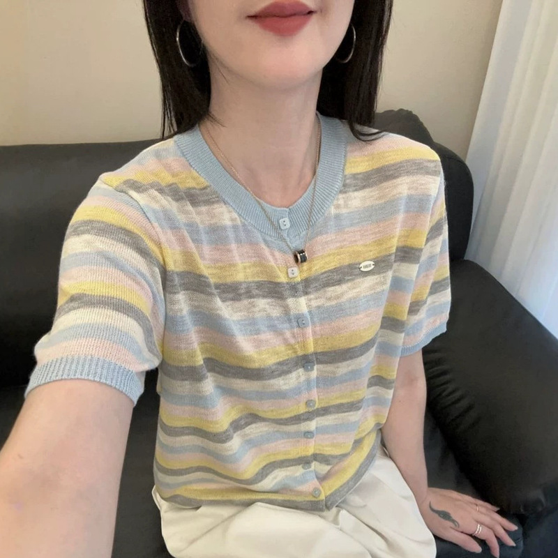 Rainbow Striped Round Neck Short-Sleeved Knitted Cardigan for Women, New Summer Design, Unique and Age-Reducing, Slimming T-Shirt Top