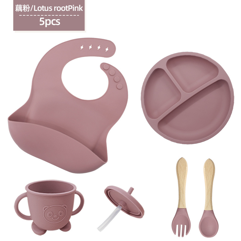 Vajilla de silicona para niños Juego de 6 piezas de silicona para bebés Tazón de alimentos complementarios separados Cuchara tenedor Taza para aprender a beber Juego de vajilla para madres y bebés