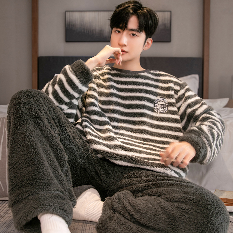 Plush Men's Pajamas Winter Thickened Casual Round Neck Youth Warm Home Wear Set Men's Winter Pajamas