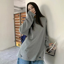 潮流港风长袖T恤女秋新款下摆个性破洞打底衫高街中长款宽松卫衣