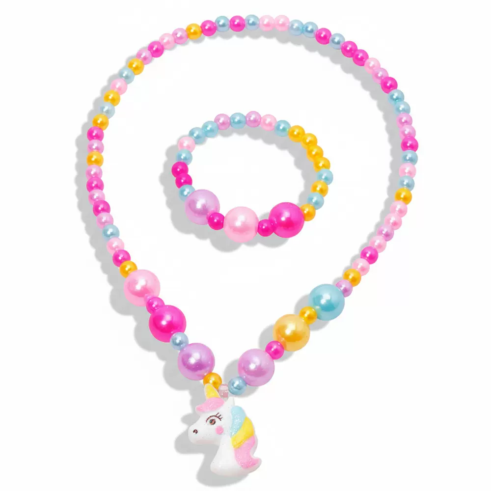 1套手链项链热销新款儿童首饰吊坠独角兽彩色圆珠手链项链套装