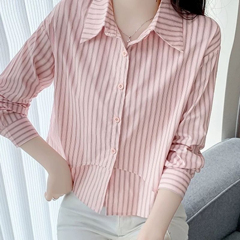 春秋の気質の小さいシャツ2025長袖の新型の婦人服のストライプのシャツのシフォンのシャツの短いタイプの小さい上着|undefined