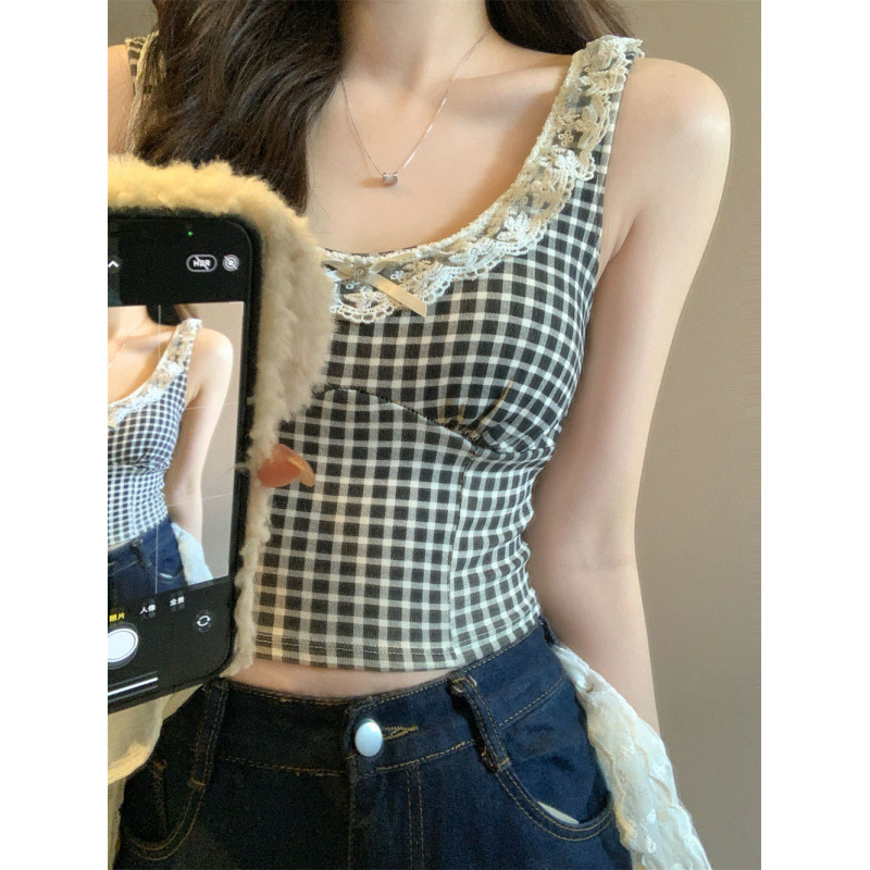 10103#春夏田园欧美风女款格纹蕾丝花边蝴蝶结甜美吊带小上衣