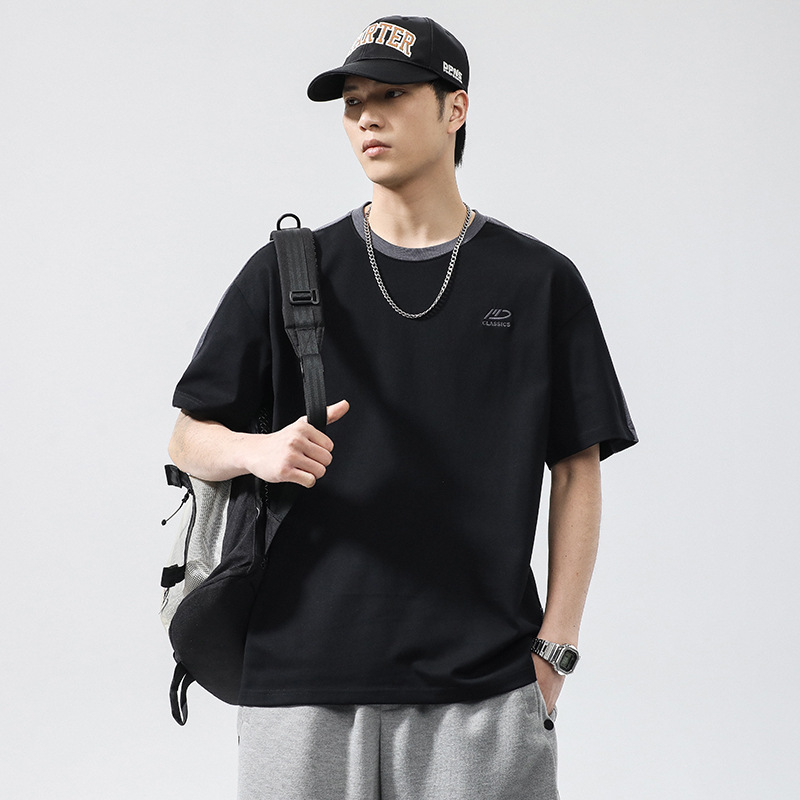 Men's summer new round neck short sleeved T-shirt men's simple loose patchwork top_voghion.com