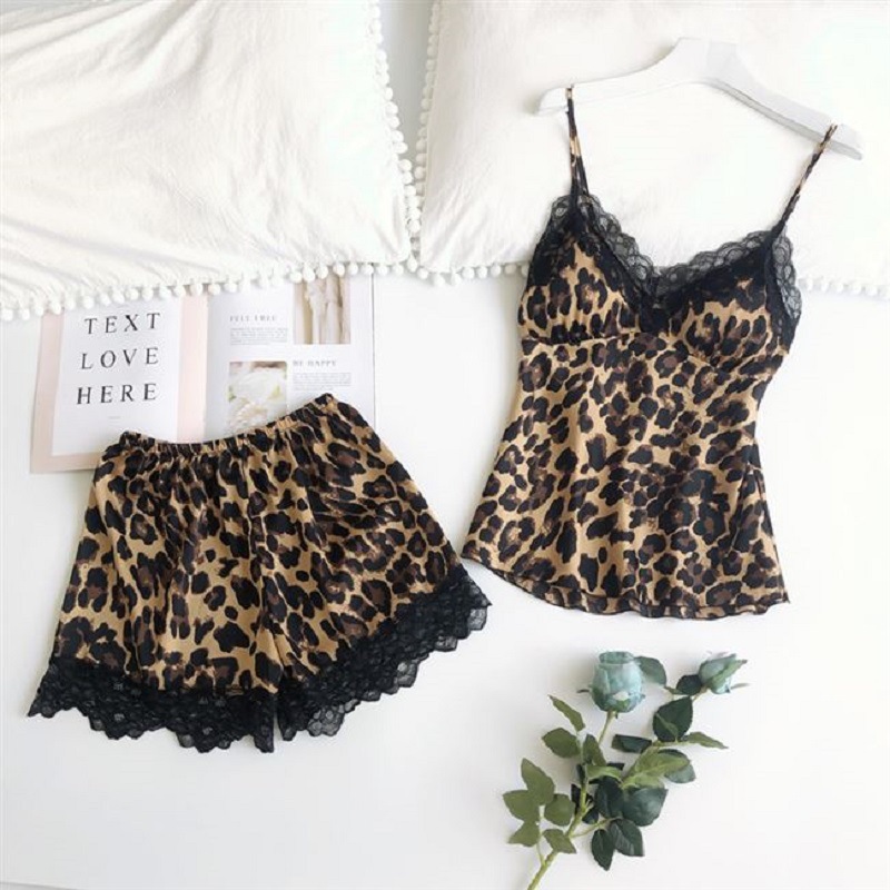 Summer Ice Silk Sling Pajamas with Chest Pad Leopard Print Sexy Gather Pajamas Women's Shorts suit Home Clothes Two-piece Set