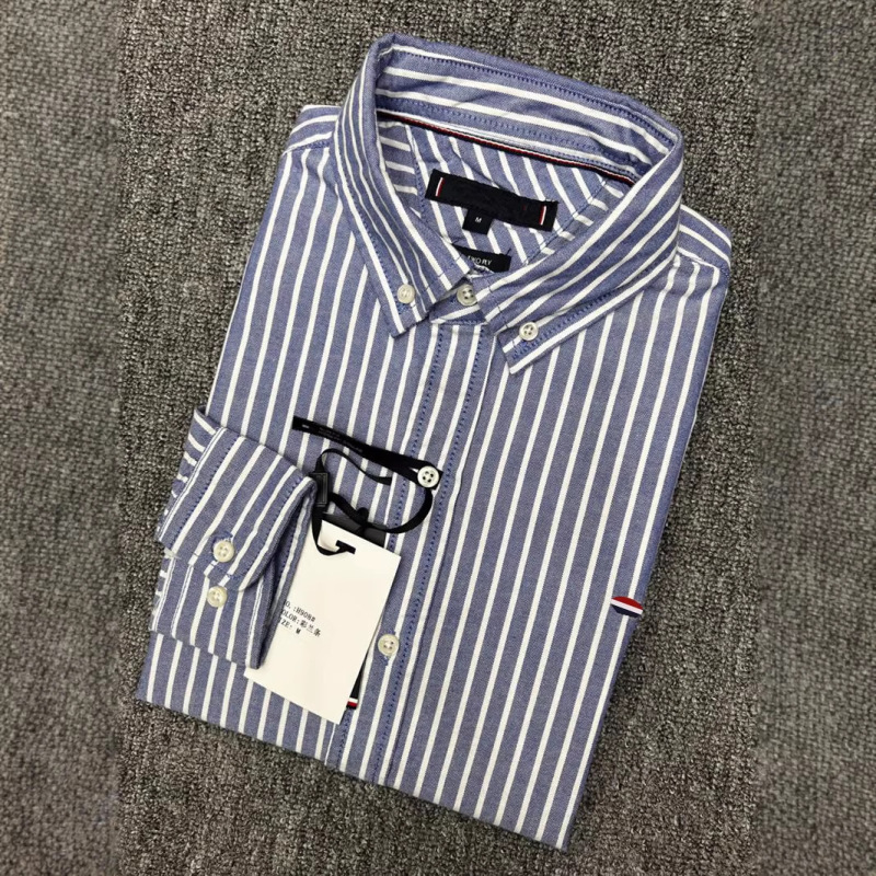 Spring and Autumn Oxford Striped Cotton Long-Sleeve Shirt for Men, Casual Youth Fashion Thin Shirt Jacket