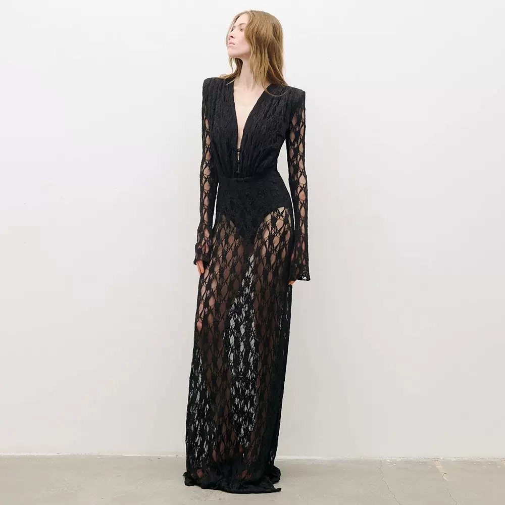 现货|新款法式蕾丝长袖衬里长裙欧美女装连衣裙性感晚礼服