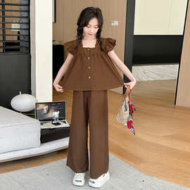 时尚女童套装女2025夏季新款洋气显瘦潮流无袖上衣阔腿裤两件套潮