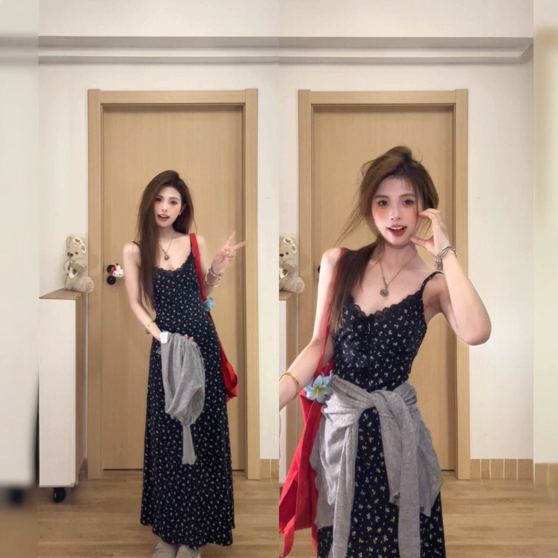 French-Style Elegant Floral Spaghetti Strap Dress for Women, Summer 2026 New Trendy Hot-Selling Beautiful Long Dress