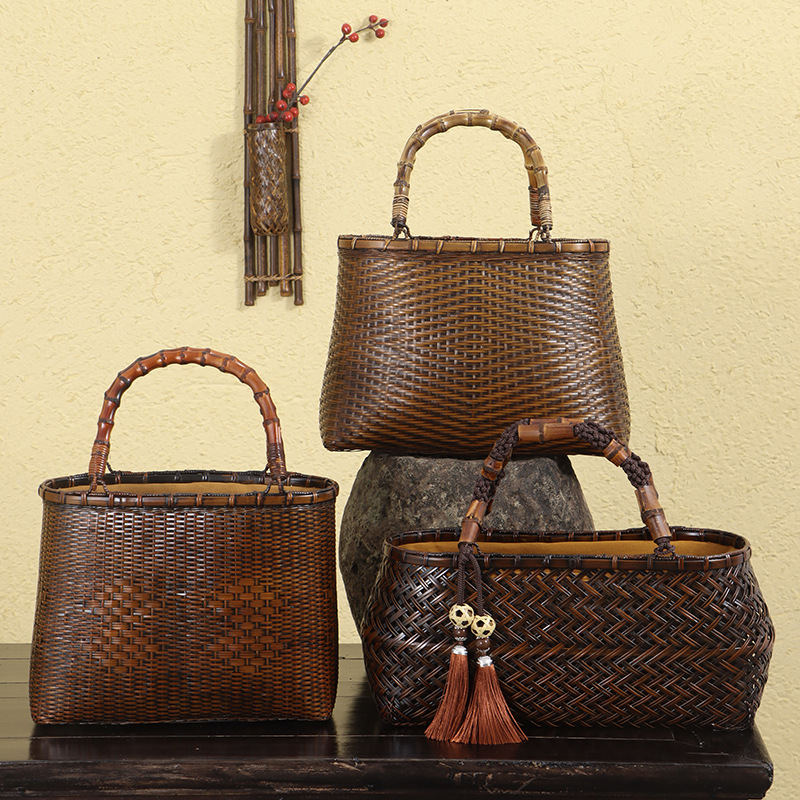 Bamboo bag portable Retro literature Chinese style Manpower Bag Fringed bag tea set Storage Handbaskets