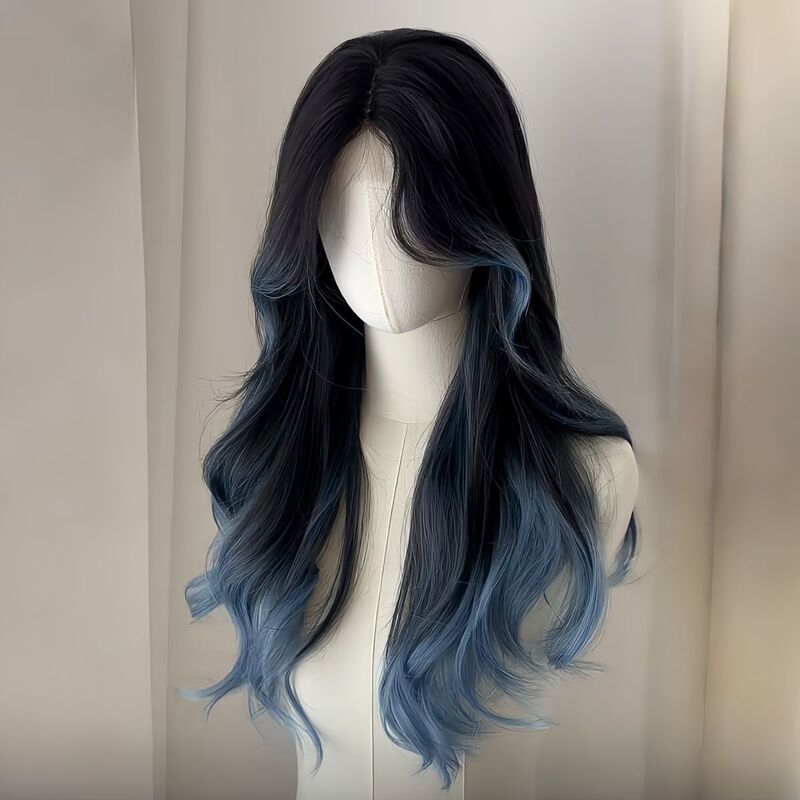 Wig Women's Butterfly Blue Paris Painting Dye Gradient Atmosphere Long Curly Hair Eight-character Bangs Simulation Hair Full Head Cover New