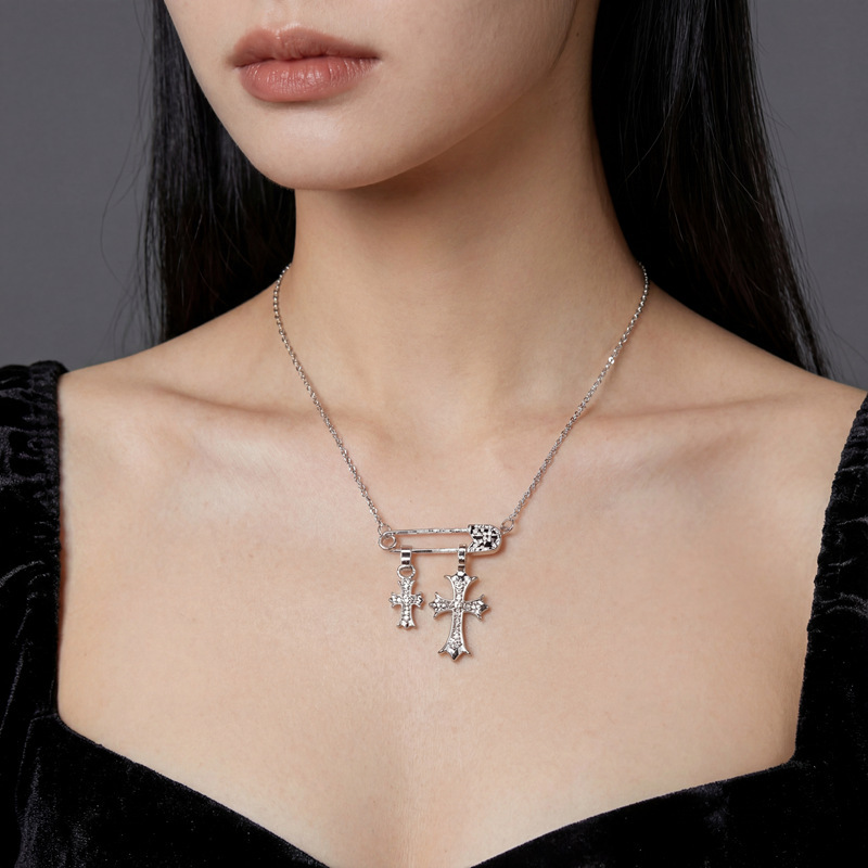 2026 New Style Cross Zircon Pin Necklace for Women, Sweet and Cool Accessories, Light Luxury Niche High-End Clavicle Chain Wholesale